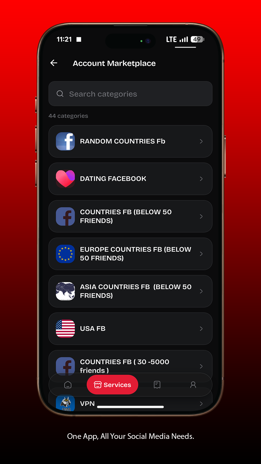 THEARVE SMM Account Marketplace screen
